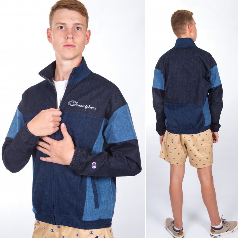 Champion Men's Colorblock Denim Track Jacket Small full‎ zip patchwork blue jean